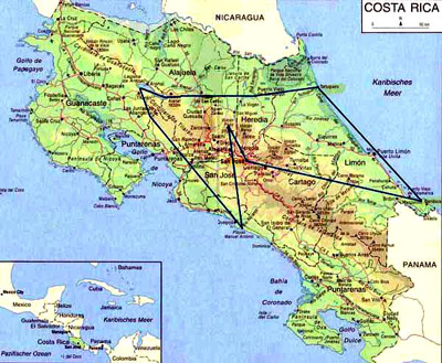 Karte von Costa Rica - Reiseroute